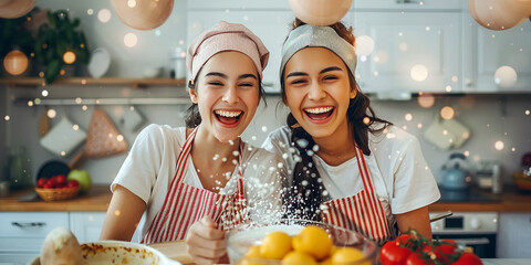 Smiling women cooking in a bright kitchen.Ai generative. - 770671267