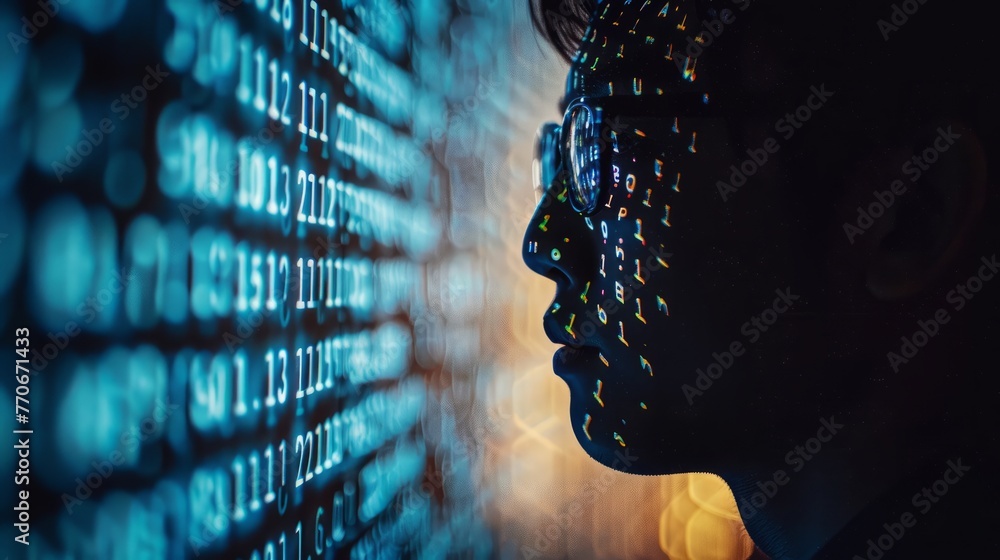 Poster scholar's shadow casting an ai binary code, illustrating knowledge evolution