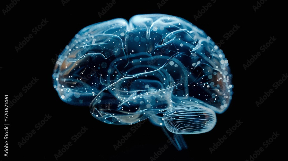 Poster a brain map transitioning from organic to digital, representing ai assimilation