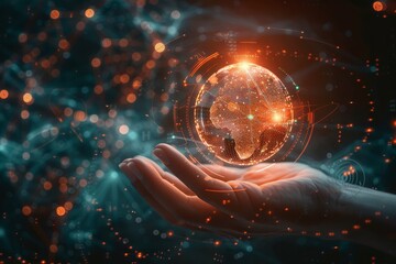 A mid-angle shot of a hand holding a glowing earth orb surrounded by abstract data patterns representing power and HIiR