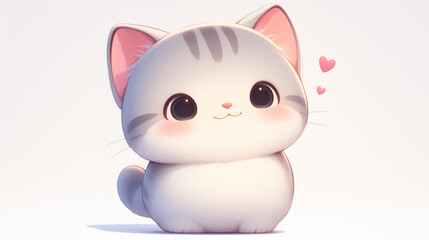 Cute illustrated gray kitten with big shiny eyes and hearts on a white background