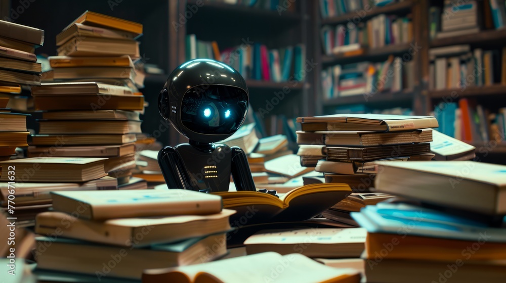 Poster ai robot reading a book in the library. collaboratively studying from a vast array of textbooks. mac
