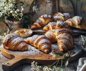 Fresh bread and croissants lying on a rustic table. Ai generative. - 770671638