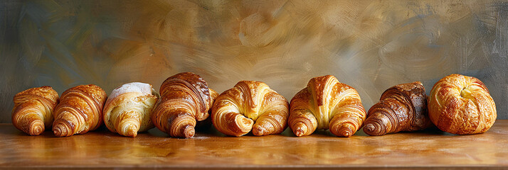 Fresh bread and croissants lying on a rustic table. Ai generative. - 770671642
