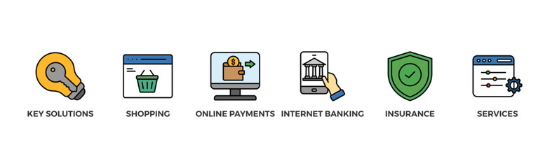 Financial service banner web icon vector illustration concept with icon of key solutions, shopping, online payments, internet banking, insurance and services