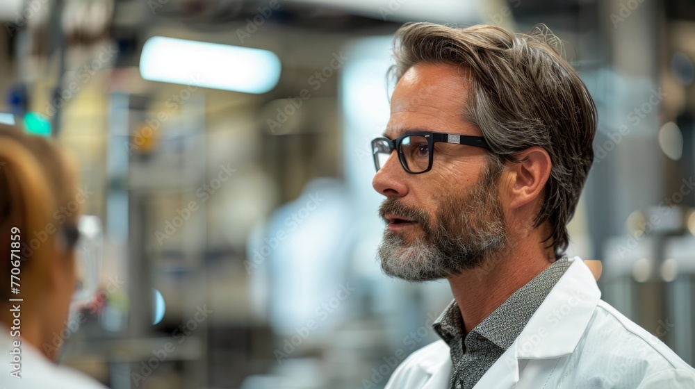 Poster professional engineer discussing lithium-ion battery technology in a lab