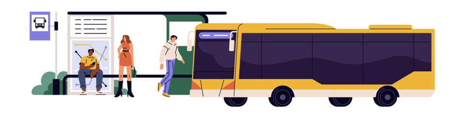 Urban transport arrives. Public vehicle rides on route. Electric mass transit. People standing, passengers waiting transfer at bus stop. City infrastructure. Flat isolated vector illustration on white © Paper Trident