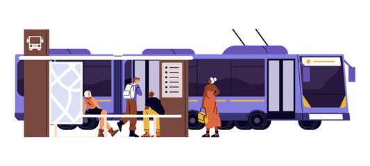 Trolleybus arrives at terminal station. Electric urban transport, public vehicle, mass transit rides on city route. Passengers waiting transfer at bus stop. Flat isolated vector illustration on white