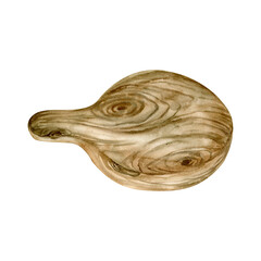 Watercolor illustration. Round wooden cutting board. Hand drawn kitchen utensils. Cheese plate. Clip art cake stand. For menu design of restaurants, cafes, pastry shops, bakeries