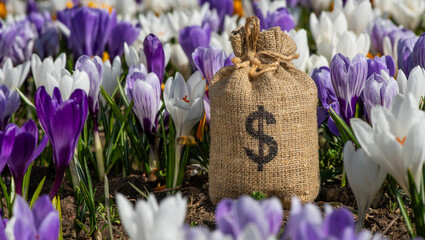 Money bag with US dollar symbol on a background of blooming crocus flowers