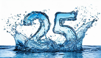 Number 25 made of water with splashes on white background. Blue liquid figure. 3D rendering.