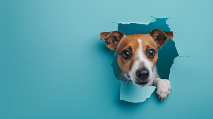 A dog peeking through the hole in blue paper background with copy space
