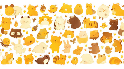 Illustration of cute stylized animals in warm yellow-brown tones, representing the diversity of forest fauna