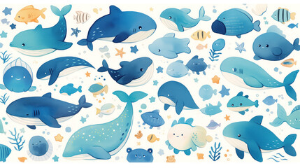 Obraz premium Cartoon illustration of various marine animals, including a variety of whales and fish, in blue and blue colors with nautical elements such as stars, shells and seaweed