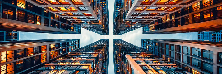 Modern Urban Symphony: Skyscrapers Rising Against the Blue Sky in Hong Kongs Futuristic Cityscape - obrazy, fototapety, plakaty