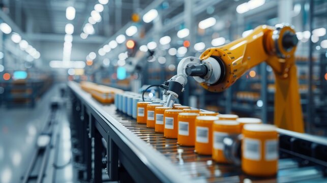 Automated robot arm handling lithium-ion batteries on manufacturing production line