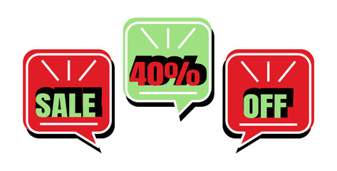 40% off. Sale. Three speech bubbles in red and green colors.