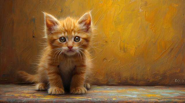 Small homeless red kitten on a yellow background.  Copy space