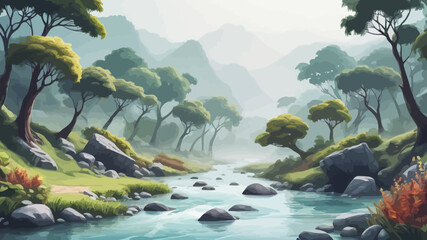 Fototapeta na wymiar Landscape Cartoon Forest Design Very Cool