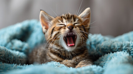 A young tabby kitten yawns on a soft blue blanket