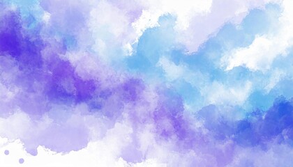 Artistic blue, purple and white watercolor background with abstract cloudy sky concept. Grunge abstract paint splash artwork illustration. Beautiful abstract fog cloudscape wallpaper. - obrazy, fototapety, plakaty