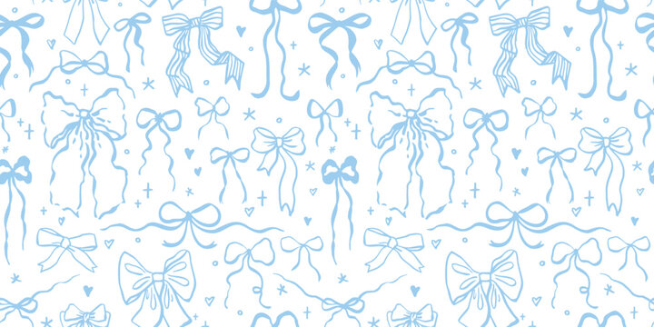 Seamless pattern with cartoon doodle bow knots, gift ribbons. Trendy hair braiding accessory. Hand drawn vector illustration. Minimalist tattoo sketch, coquette core. 