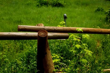 Rustic wooden fence made from logs in a lush green pasture