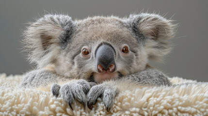 Cute koala lying down, looking directly at the camera with big open eyes