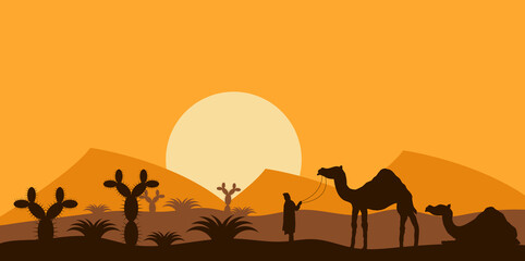 Desert Landscape with a Nomad and Camels. Nature and people concept Illustration - obrazy, fototapety, plakaty