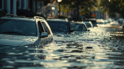 Extensive flooding in an urban area with cars submerged and streets turned into rivers due to extreme weather events. - obrazy, fototapety, plakaty