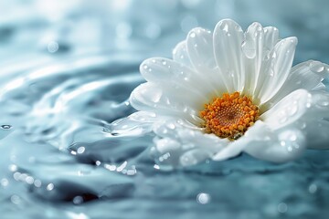 Daisy immersed in water, droplets creating ripples around it