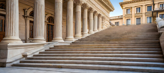 Stone pillars row and stairs detail. Classical building facade. Generative AI.
