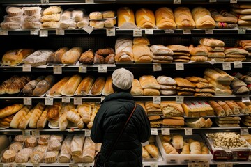 A person standing in front of a display of various types of bread and bakery products in a store