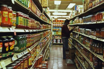 A man stands in a grocery store aisle filled with shelves of canned goods and pantry staples - obrazy, fototapety, plakaty