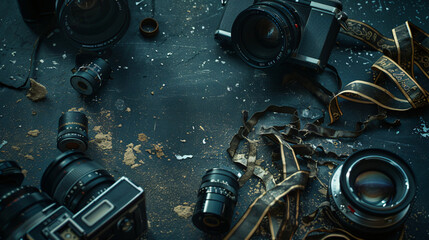 Film cameras and rolls of film spread out on a dark textured surface. - obrazy, fototapety, plakaty