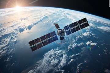 Satellite in orbit around Earth, capturing views of the planets surface and oceans - obrazy, fototapety, plakaty