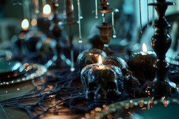 A commercial photo of a spooky table setting featuring a variety of dripping candles, spiderweb tablecloth, and skull-shaped dishes