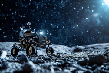 A commercial closeup showing a lunar rover navigating the rough terrain of the Moons surface, collecting samples and conducting research - obrazy, fototapety, plakaty