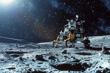 Artists depiction of a rover maneuvering on the Moon, collecting samples and conducting experiments in the rough lunar landscape - obrazy, fototapety, plakaty