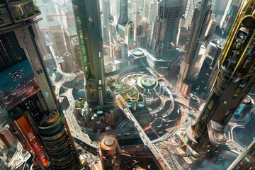 A futuristic city with tall buildings, flying cars, elevated walkways, and holographic advertisements