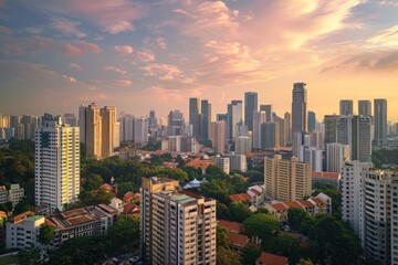 A high-angle view showcasing the architectural diversity of a multicultural city with tall buildings