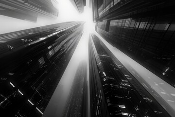 Black and white low-angle shot of futuristic skyscrapers with sleek glass facades and geometric...