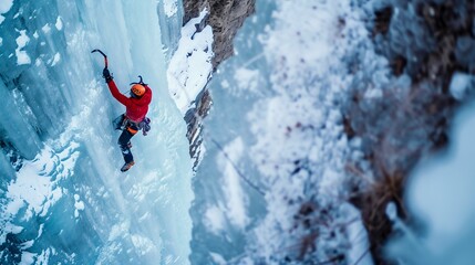 Climber Ascending a Frozen Waterfall. Generative ai - obrazy, fototapety, plakaty