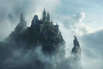 A medieval castle sits atop a mountain peak, enveloped by clouds and mist in a mystical setting - obrazy, fototapety, plakaty