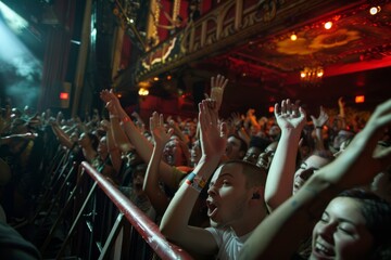 A large crowd of people at a concert enthusiastically waving their hands in the air as they cheer on the performer