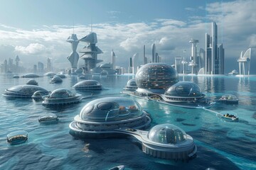 Wide-angle view of a futuristic waterfront featuring floating buildings, underwater habitats, and tidal energy generators, showcasing innovative urban solutions - obrazy, fototapety, plakaty
