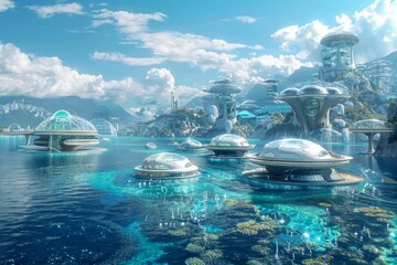 Wide-angle view of a futuristic waterfront with floating buildings, underwater habitats, and tidal energy generators - obrazy, fototapety, plakaty