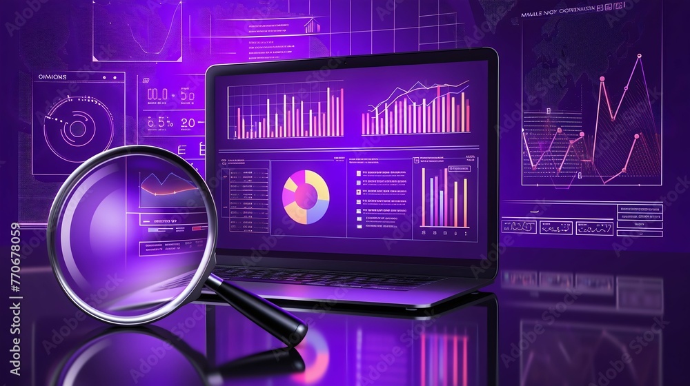 Poster advanced data analysis on digital tablet with magnifying glass. generative ai