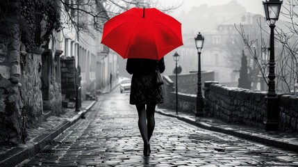 A lone figure with a vibrant red umbrella walks down a misty, cobblestone street, embodying a mood of contemplation and urban solitude.