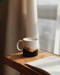 A warm and inviting image of a coffee mug illuminated by morning light, creating a peaceful atmosphere